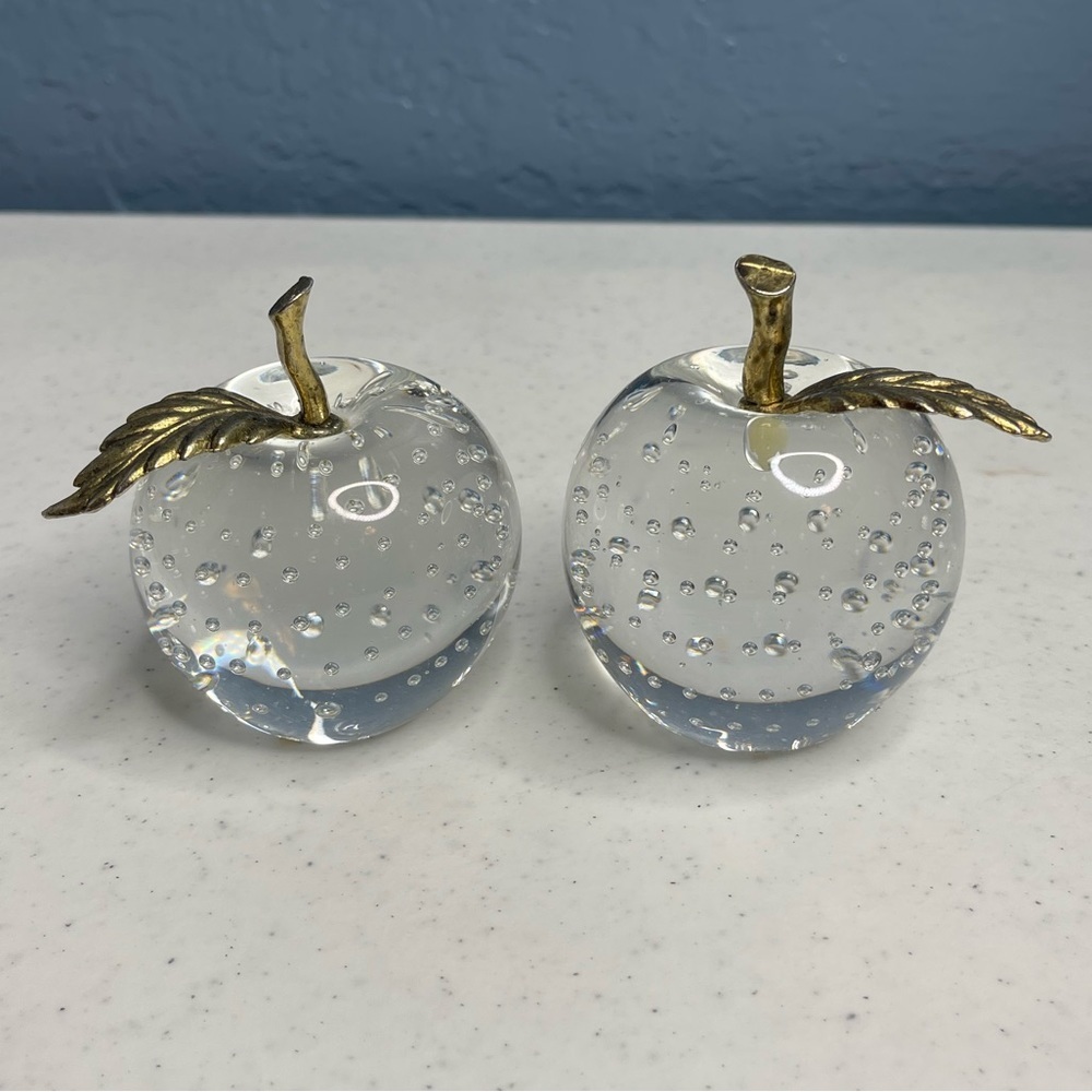 (2) vintage Clear Apples/controlled bubbles paperweight with brass leaf and stem
